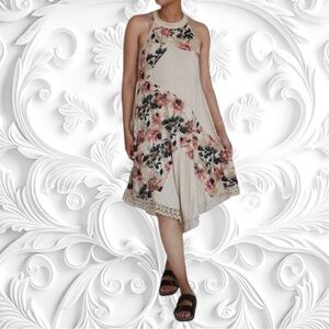 NWOT Tan Floral Lace Sleeveless Dress With Asymmetrical Hem